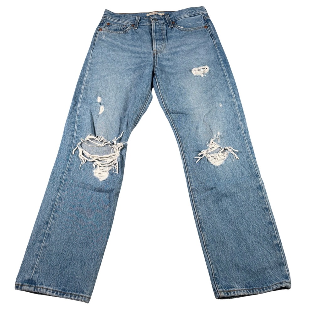 Levi's Premium Wedgie Straight Jeans Womens 26 (FITS 27x26) Blue Distressed‎